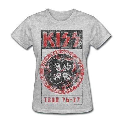 Kiss Rock Band Tour  76-77 T Shirts New Summer Style Crew  Tee For Women - Kool Cat Records T Shirts N More